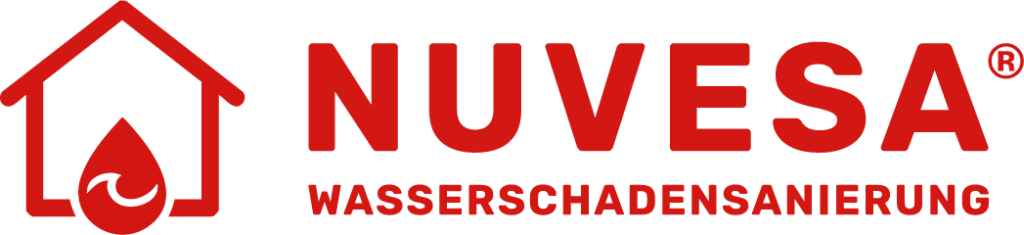 Nuvesa Logo in rot Ein haus mit einem roten Wassertropen darin